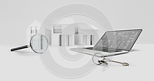 Magnifying glass on architectural model of houses with computer laptop and keys, banner layout for internet search to online real