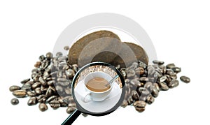 Magnifying glass with background of roasted coffee beans to be c