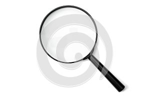 Magnifying glass black color isolated on white. Research, searching or investigating something. top view