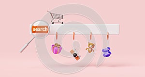 Magnifying glass with blank search bar,shopping cart,teddy bear,camera,gift box,shoe isolated on pink background,web search engine
