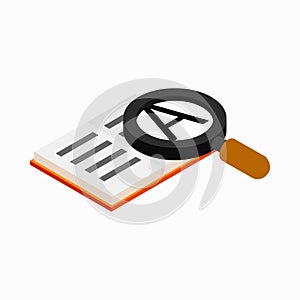 Magnifying glass and book icon, isometric 3d style