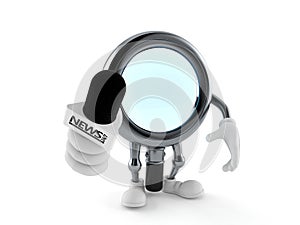 Magnifying glass character holding interview microphone