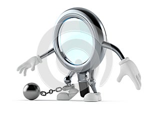 Magnifying glass character with prison ball