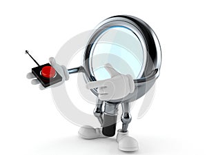 Magnifying glass character pushing button on white background