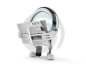 Magnifying glass character reading newspaper