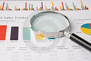 Magnifying glass on charts graphs paper. Financial development, Banking Account, Statistics, Investment Analytic research data