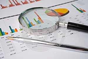 Magnifying glass on charts graphs paper. Financial development, Banking Account, Statistics, Investment Analytic research data