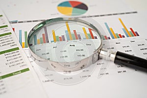 Magnifying glass on charts graphs paper. Financial development, Banking Account, Statistics, Investment Analytic research data