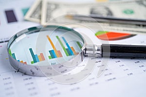 Magnifying glass on charts graphs paper. Financial development, Banking Account, Statistics, Investment Analytic research data