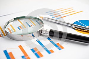 Magnifying glass on charts graphs paper. Financial development, Banking Account, Statistics, Investment Analytic research data