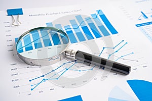 Magnifying glass on charts graphs paper. Financial development, Banking Account, Statistics, Investment Analytic research data