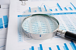 Magnifying glass on charts graphs paper. Financial development, Banking Account, Statistics, Investment Analytic research data