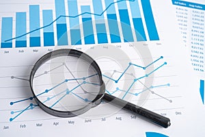 Magnifying glass on charts graphs paper. Financial development, Banking Account, Statistics, Investment Analytic research data