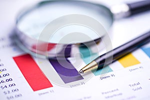 Magnifying glass on charts graphs spreadsheet paper. Financial development, Banking Account, Statistics