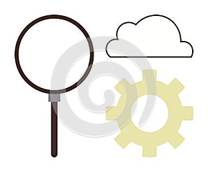 Magnifying Glass, Cloud, and Gear Representing Search, Cloud Computing, and Process Optimization