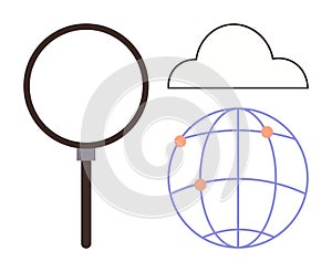 Magnifying Glass, Cloud, and Globe Representing Search and Connectivity Concepts
