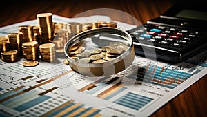 Magnifying glass with coins and calculator on the table with financial graph
