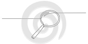 Magnifying glass in continuous one line drawing. Concept of Business analysis in simple outline style. Used for logo