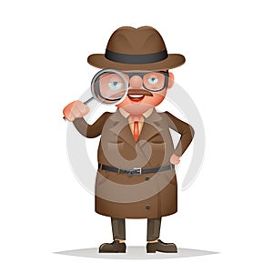 Magnifying glass detective spy investigation coat eye 3d cartoon character isolated vector illustration