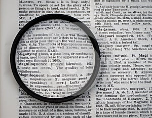 Magnifying Glass on a Dictionary Page viewed through a Lens