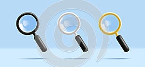 Magnifying glass. Discovery, research, search, analysis concept. 3d render vector icon set.
