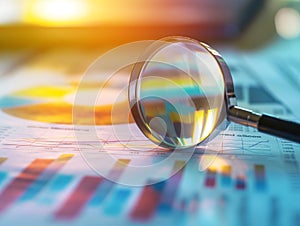 Magnifying glass and documents with analytics data lying on table,selective focus