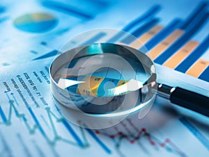 Magnifying glass and documents with analytics data lying on table,selective focus
