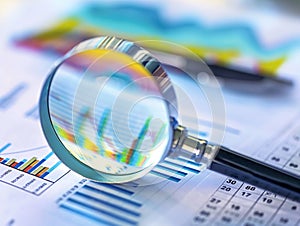 Magnifying glass and documents with analytics data lying on table,selective focus