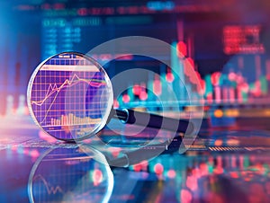 Magnifying glass and documents with analytics data lying on table,selective focus