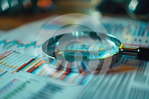Magnifying glass and documents with analytics data lying on table,selective focus
