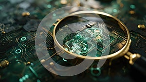 Magnifying glass on electronic circuit board, closeup. Technology concept