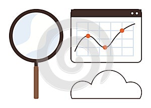 Data Analysis and Cloud Storage Concept with Magnifying Glass, Graph, and Cloud Icon Elements