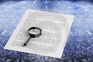 Magnifying glass enlarging the word Read on a page with printed