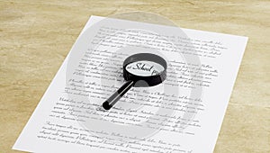 Magnifying glass enlarging the word School on a page with printe