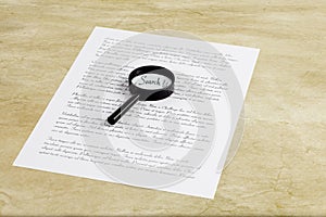 Magnifying glass enlarging the word Search on a page with printe