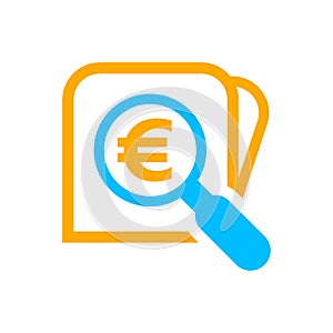 Magnifying glass with euro currency money search icon, euro coin with magnifying glass for button app, research icon blue on