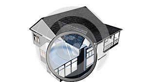 Magnifying glass examining a house. Architecture and home ownership