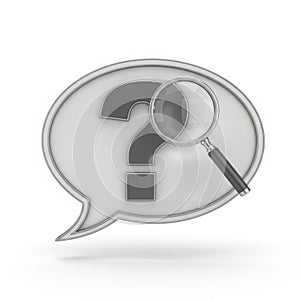 Magnifying glass examining a question mark inside a speech bubble isolated on white background