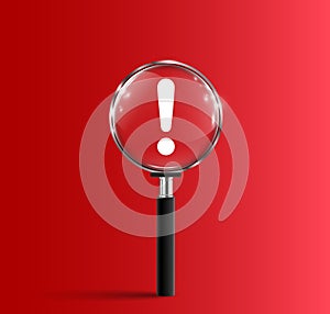 Magnifying glass and exclamation mark icon, hazard and dangerous notice symbol on red background, caution and alert concept