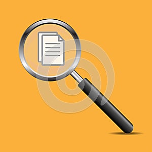 Magnifying glass find document isolated on yellow background. Vector Illustration