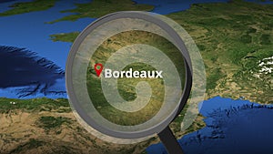 Magnifying glass finds Bordeaux city on the map, 3d rendering