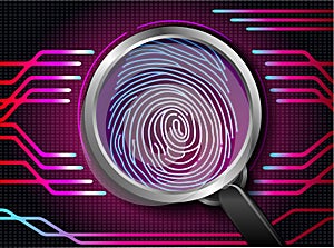 Magnifying glass on fingerprint with concept red abstract technology background