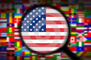 Magnifying glass on the flag of the USA