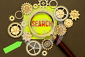 Magnifying glass focus on the word search concept for searching the internet, examination and exploration