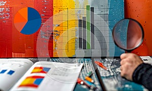 Magnifying glass focusing on colorful bar graph and pie chart data visualization on financial reports analyzing business