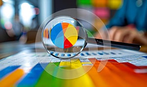 Magnifying glass focusing on colorful bar graph and pie chart data visualization on financial reports analyzing business