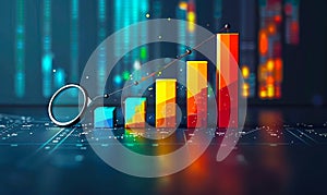 Magnifying glass focusing on colorful bar graph and pie chart data visualization on financial reports analyzing business