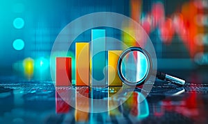 Magnifying glass focusing on financial charts and graphs with blurred colorful bar graph and line graph data visualizations in the