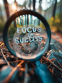 Magnifying glass focusing on FOCUS ON SUCCESS text, representing goal setting, achievement, clarity of purpose, and business