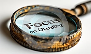 Magnifying glass focusing on the phrase Focus on Quality against a white background, symbolizing the importance of quality